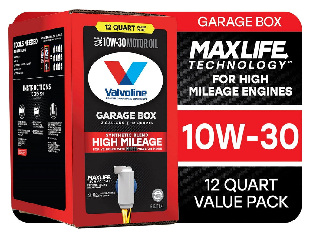 Valvoline High Mileage MaxLife 10W-30 Synthetic Blend Motor Oil 12  Garage Box