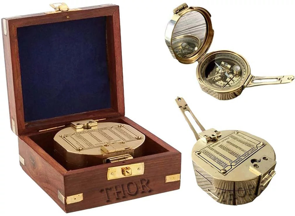 Thor Instruments Brass Natural Sine Brunton Compass With Wood Box Magnetic Direction Hiking Maritime Nautical Gift