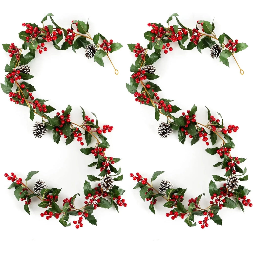 Blosmon Christmas Garland Decorations 2 Pcs 5.9Ft Artificial Red Berry Garland Christmas Leaves Pinecones Indoor Outdoor  for Fireplace Kitchen Door Party Holiday Decor