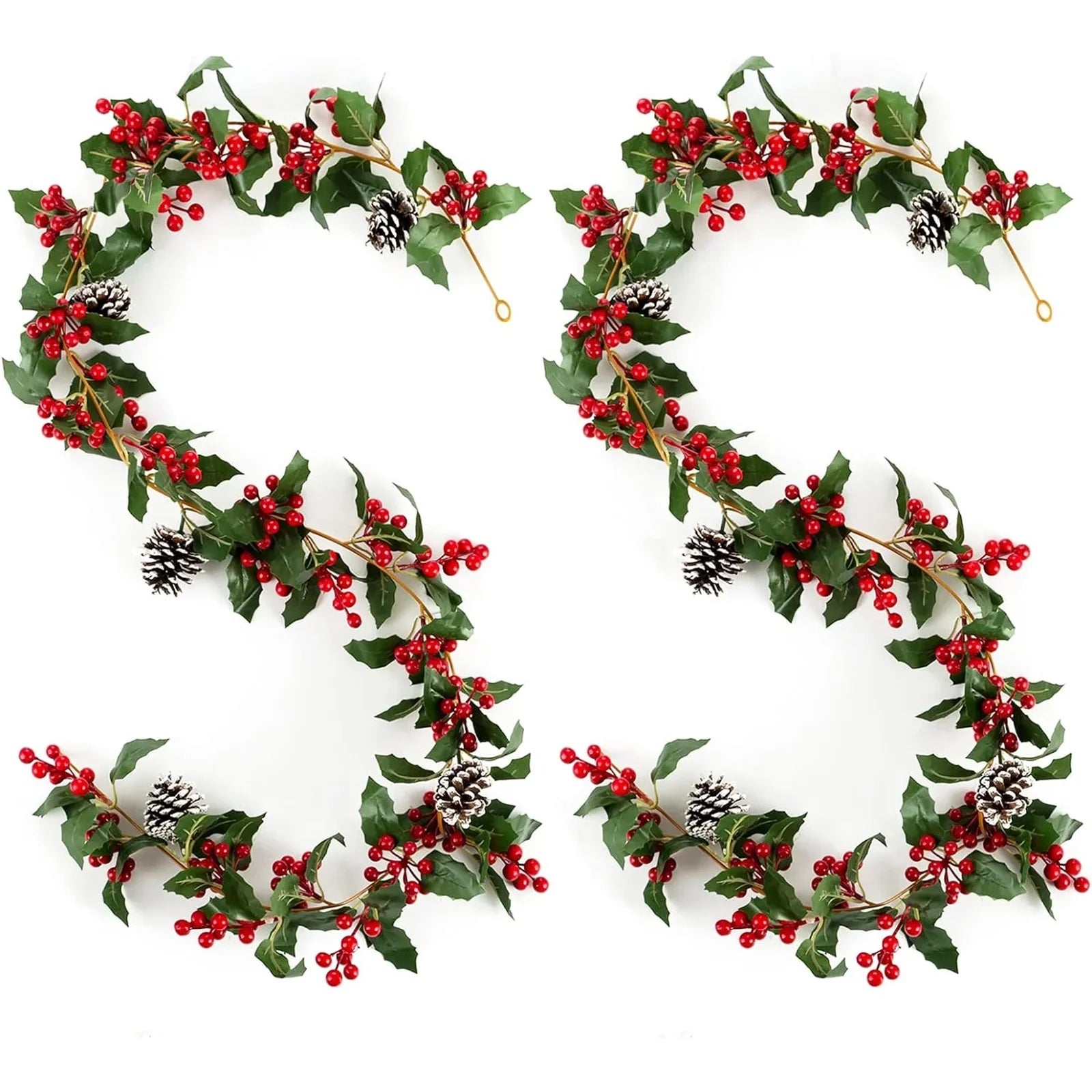 Blosmon Christmas Garland Decorations 2 Pcs 5.9Ft Artificial Red Berry Garland Christmas Leaves Pinecones Indoor Outdoor  for Fireplace Kitchen Door Party Holiday Decor