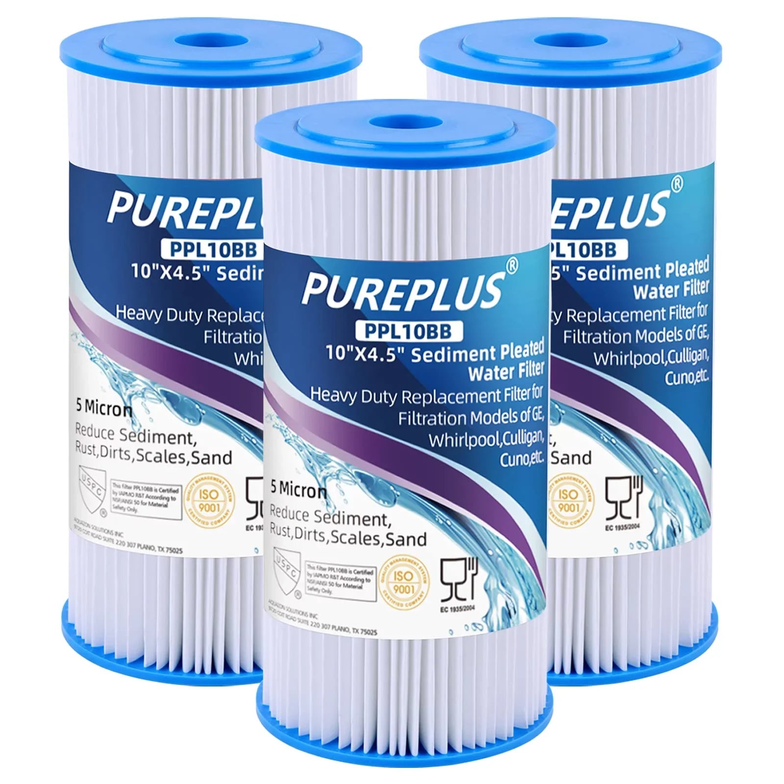 10" x 4.5" Whole House Pleated Sediment Filter for Well Water, Replacement Cartridge for  , Culligan -, Pentek -, DuPont , American Plumber , , 3Pack