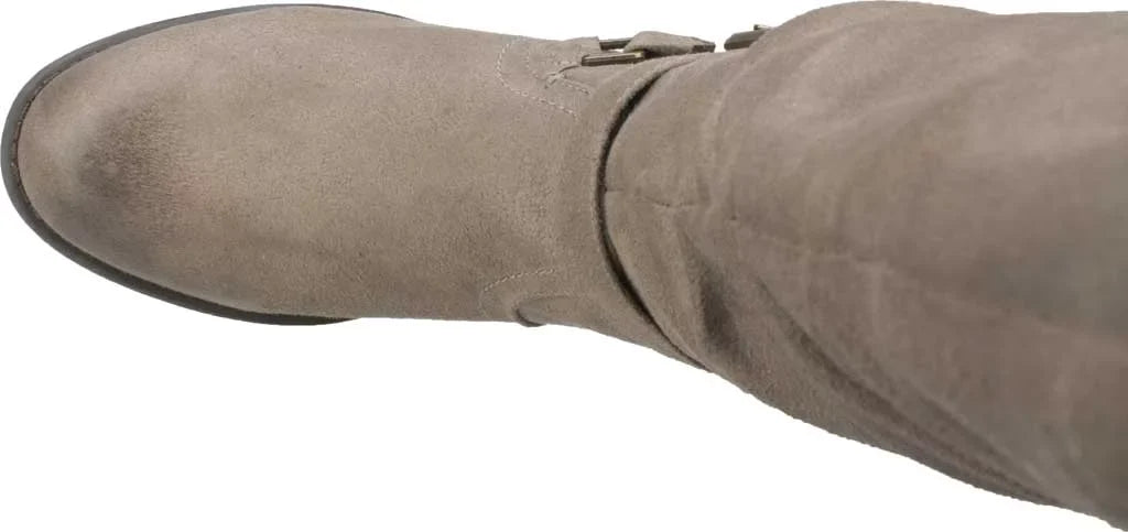 Womens Beige Studded Stretch Gore Cushioned Wide Calf Ruched Buckle Accent Liona Round Toe Block Heel Zip-Up Riding Boot 5