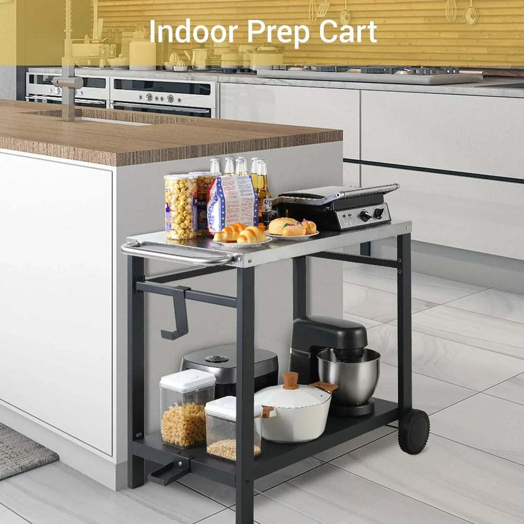 Double-Shelf Movable Dining Cart, Stainless Steel Worktable on 2 Wheels, Kitchen Food Prep Work Table, Outdoor Dining Room Bar Cart, Pizza Oven Table w/Hooks, Handle, .5 x .7 x .8