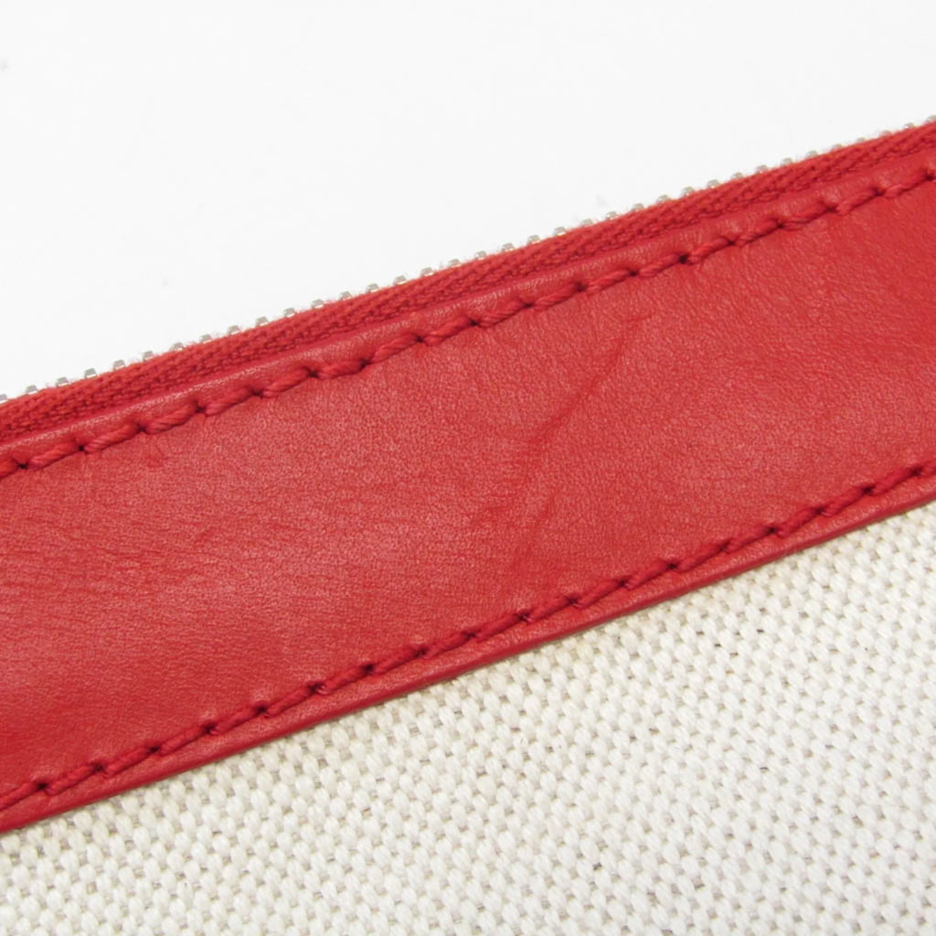 Pre-Owned Balenciaga 373840 Women's Leather,Canvas Clutch Bag,Pouch Beige,Red Color (Good)