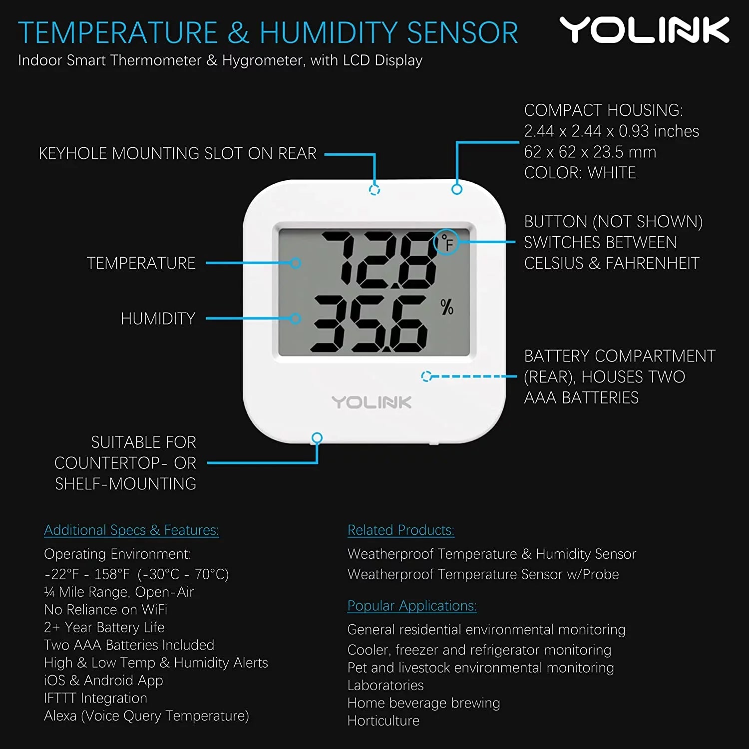 Smart Wireless Temperature / Humidity Sensor Wide Range (-22 to 158 degrees) for Freezer Fridge Monitoring Pet Cage/Tank Monitoring Smartphone Alerts, Works with Alexa , 2 Pack - Hub Included