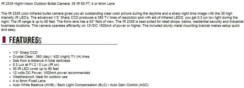 Eyemax  2335 Night-Vision Outdoor Bullet  Security Camera 35  80FT (6mm Fixed Lens)