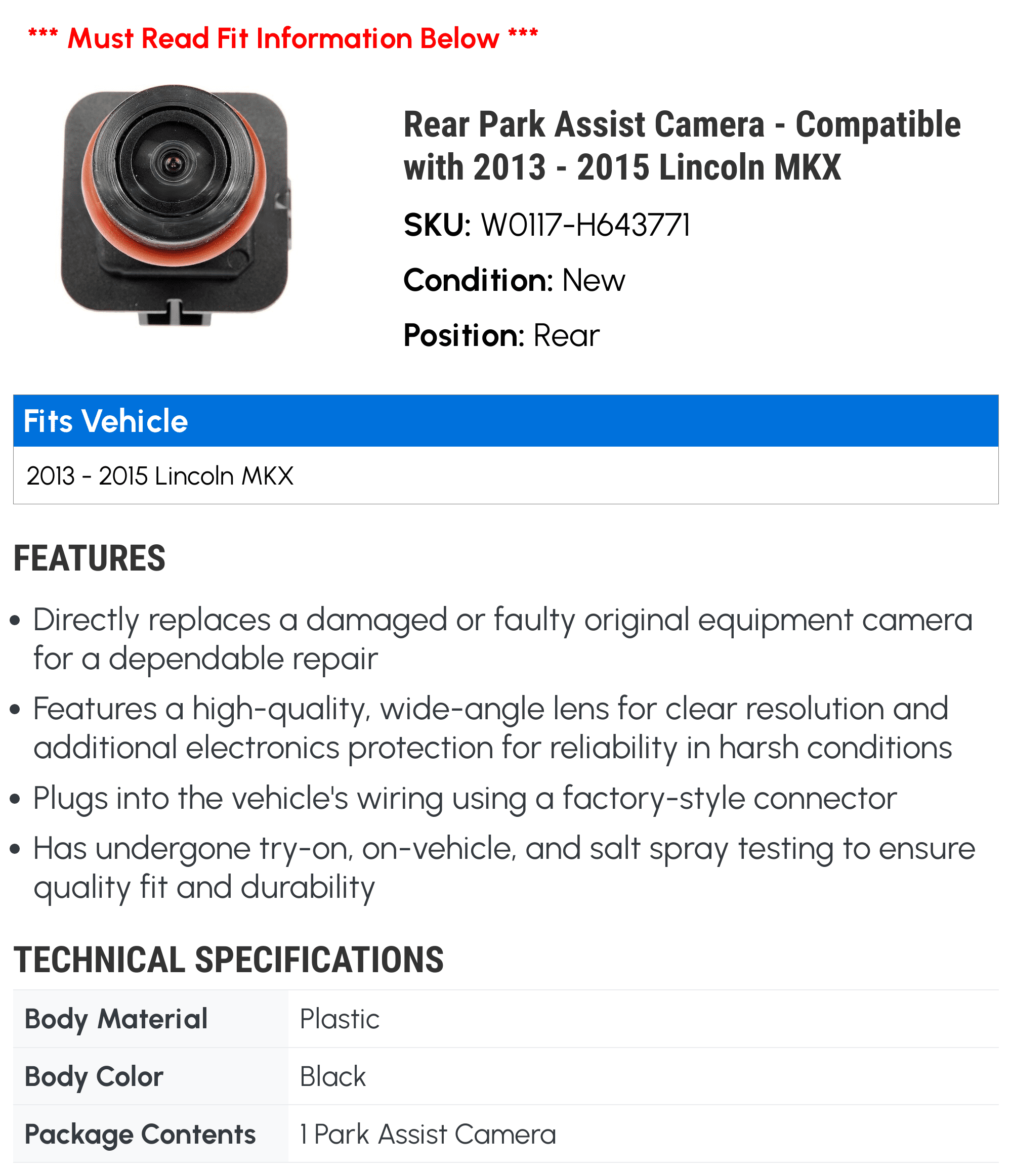 Rear Park Assist Camera - Compatible with 2013 - 2015 Lincoln  2014