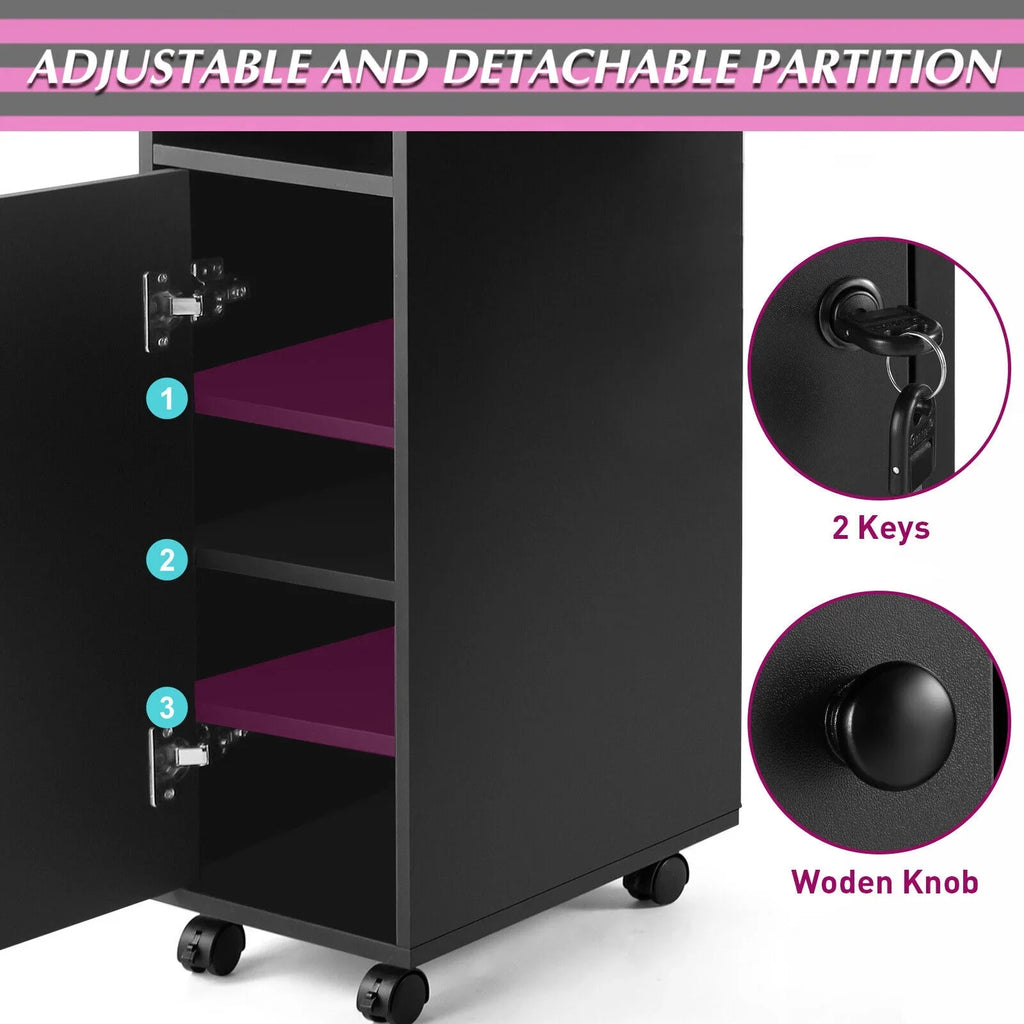 Artist Hand Black Nail Table Manicure Desk Beauty Station with Electric Downdraft Vent, Wrist Cushion, Lockable Wheels, Drawers, Shelves