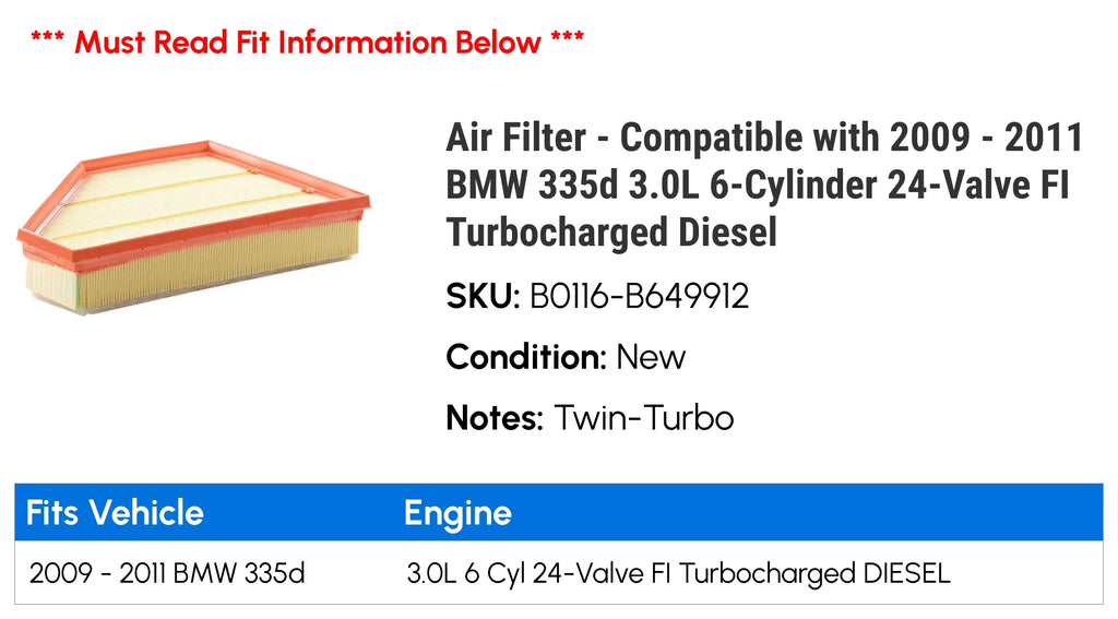 Air Filter - Compatible with 2009 - 2011  335d 3.0L 6-Cylinder 24-Valve  Turbocharged Diesel 2010