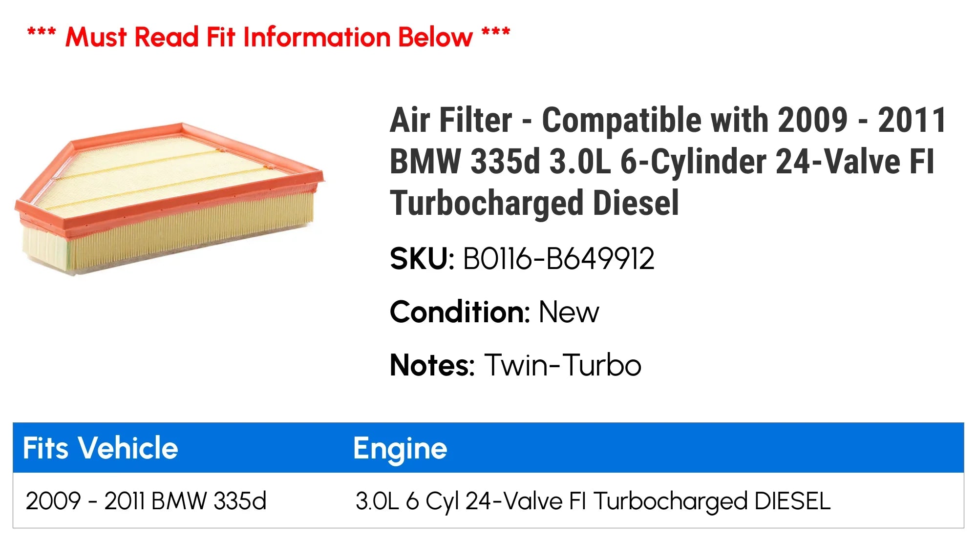 Air Filter - Compatible with 2009 - 2011  335d 3.0L 6-Cylinder 24-Valve  Turbocharged Diesel 2010