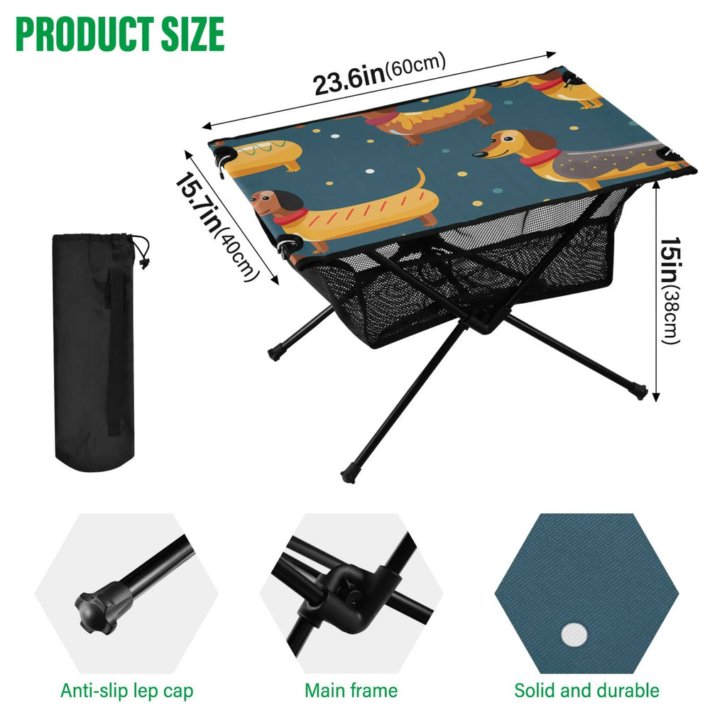 Cartoon Dachshund Dogs Camping Folding Table Portable Beach Table with Storage Bag Compact Picnic Table for Outdoor Travel Fishing