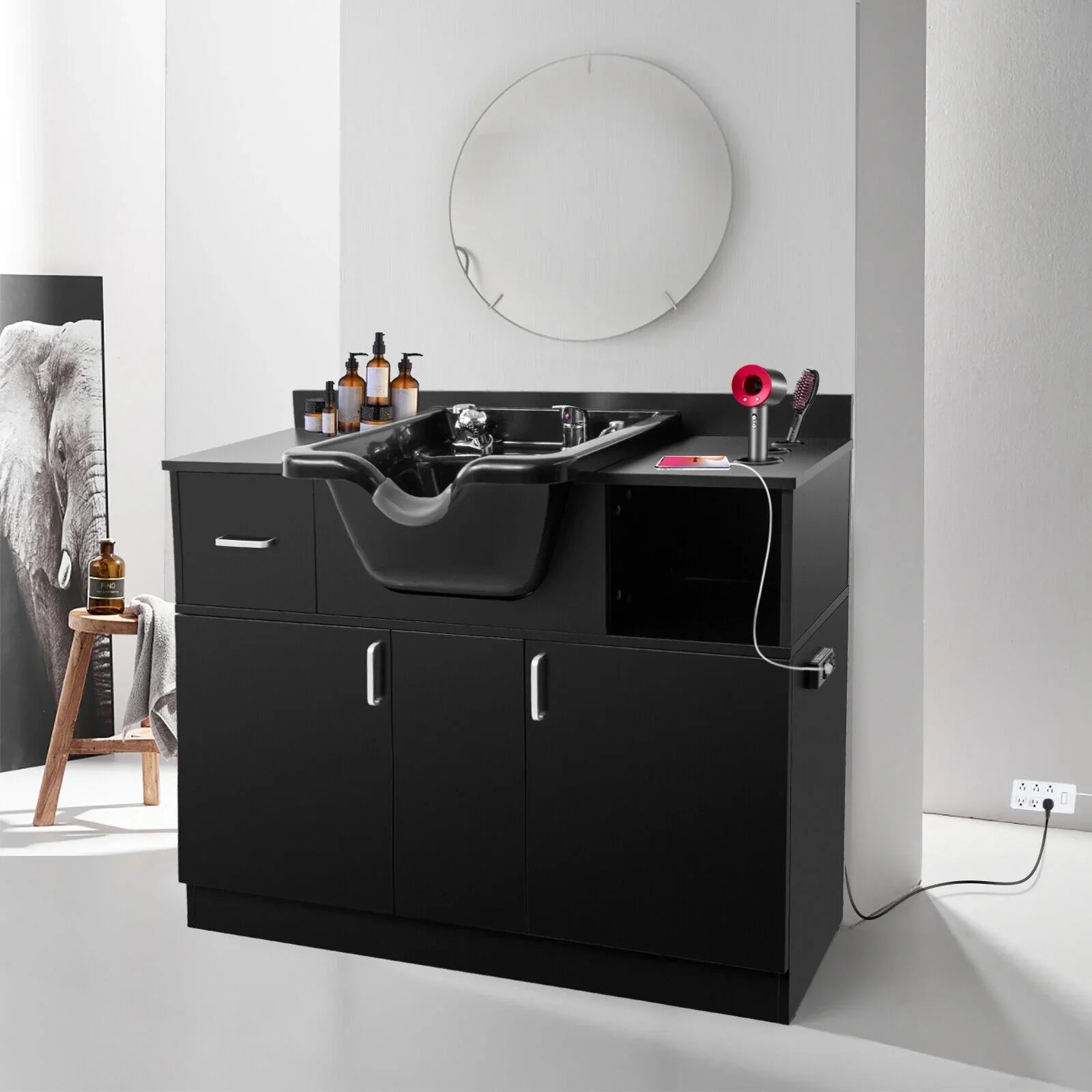 Artist hand Backwash Sink Shampoo Station Hair Salon Beauty with ,Hair Dryer Holes, Trap,Drawer(Black)
