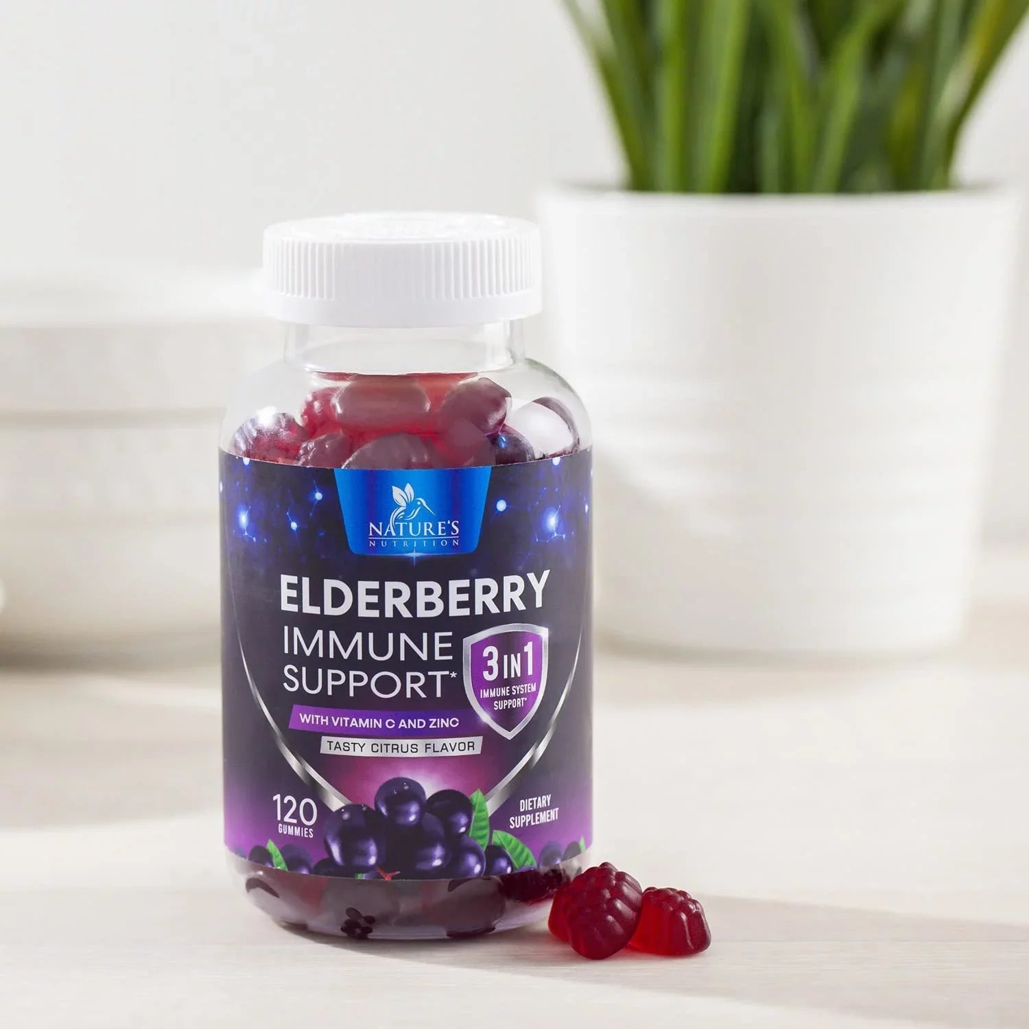Nature's Sambucus Elderberry Gummies Immune Gummies with Vitamin  and Zinc, Immune Support Gummy Vitamin Supplement, Black Elderberry for Adults & Kids - Gluten Free Non- - 120 Gummies