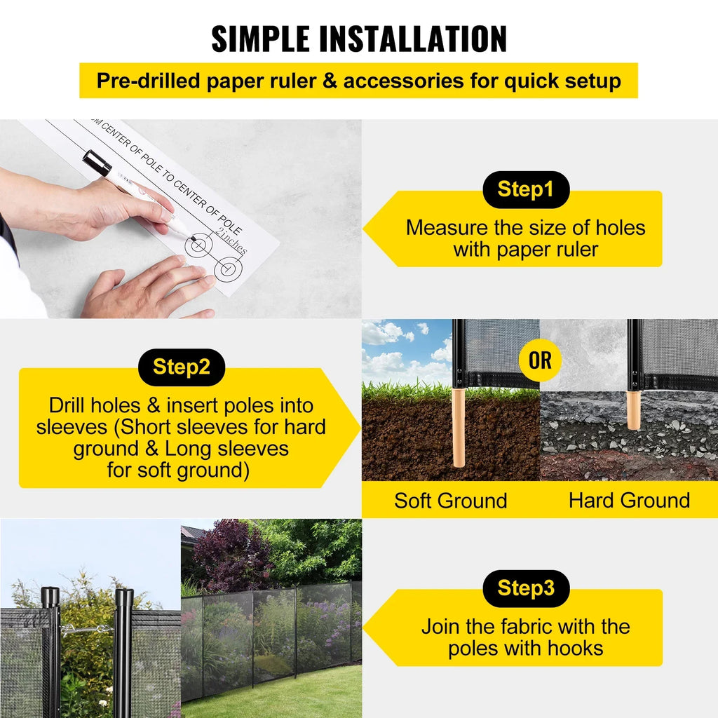 Pool Fencing Mesh, 4 x 12 ft Swimming Pool Fence, 1000D  Fabric Removable Pool Fence with Aluminum Poles and Foot Tubes, Breathable Pool Fences for Inground Pools for Security and Privacy
