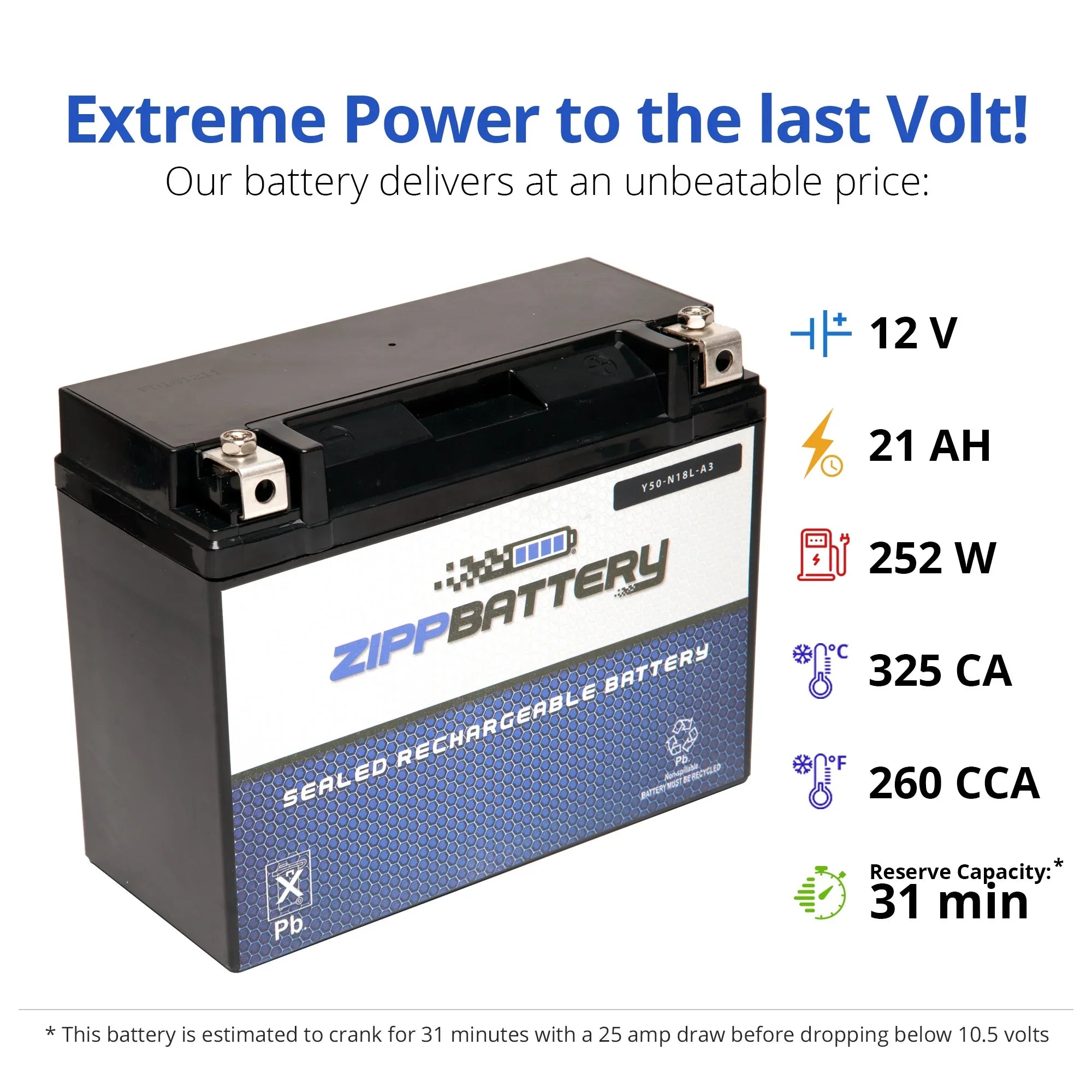 Zipp Battery -- (50-- 12 Volt,20 Ah, 260 ) Motorcycle Battery for Yamaha 1300cc Xvz13 Venture/royale 1991