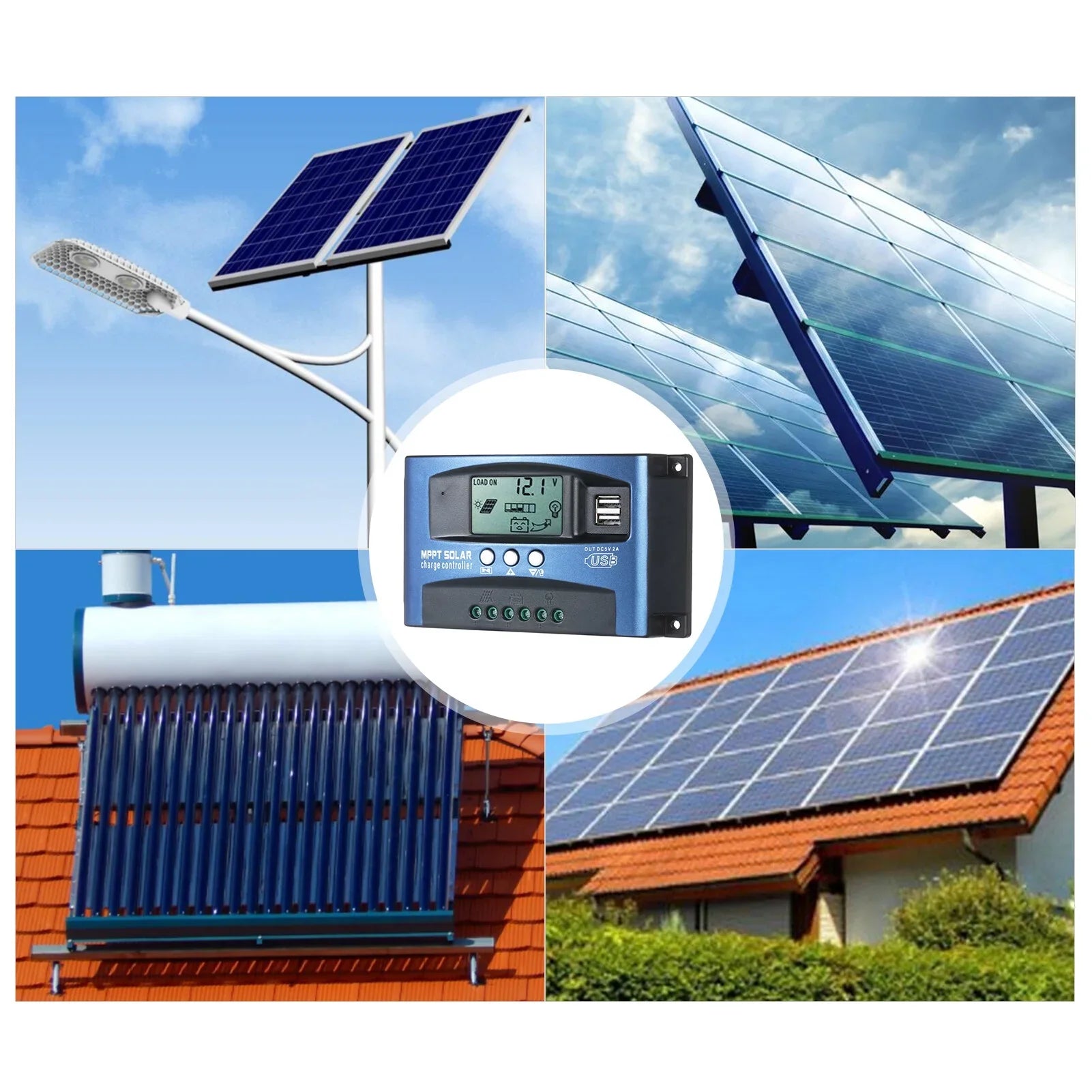 Solar Charge Controller Dual  Solar Controller Smart  Screen  Tracking 5V/2A Dual  Output 12V/24V Automatic Identification