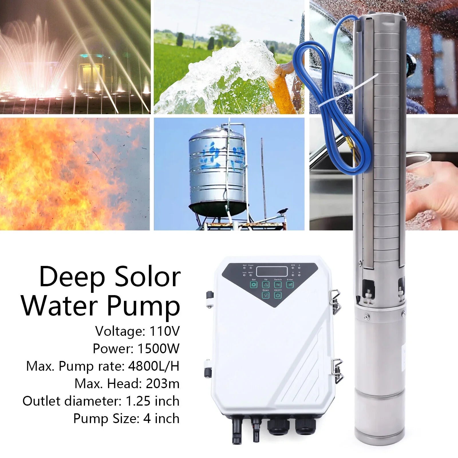 4" 2  110V Solar Water Pump Submersible  Controller Kit  Deep Well Pump