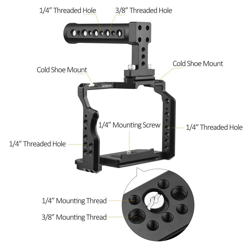 Andoer Camera Video Cage + Handle Kit Aluminum Alloy with Dual Cold Shoe Mounts Numerous 1/4 Inch Threads Replacement for Sony / / /  /  /