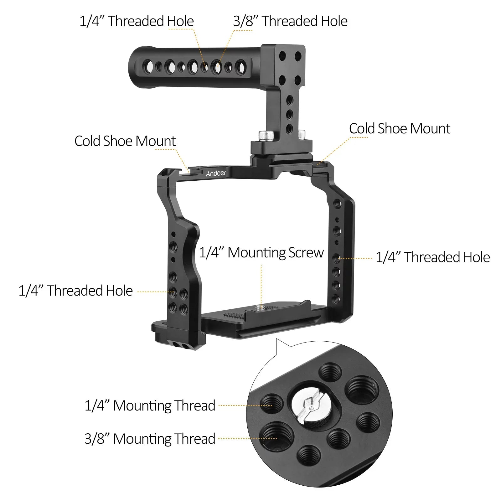 Andoer Camera Video Cage + Handle Kit Aluminum Alloy with Dual Cold Shoe Mounts Numerous 1/4 Inch Threads Replacement for Sony / / /  /  /