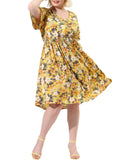 Juniors' Plus  Neck Floral Print Flare Sleeve Casual Midi Dress Yellow 3X