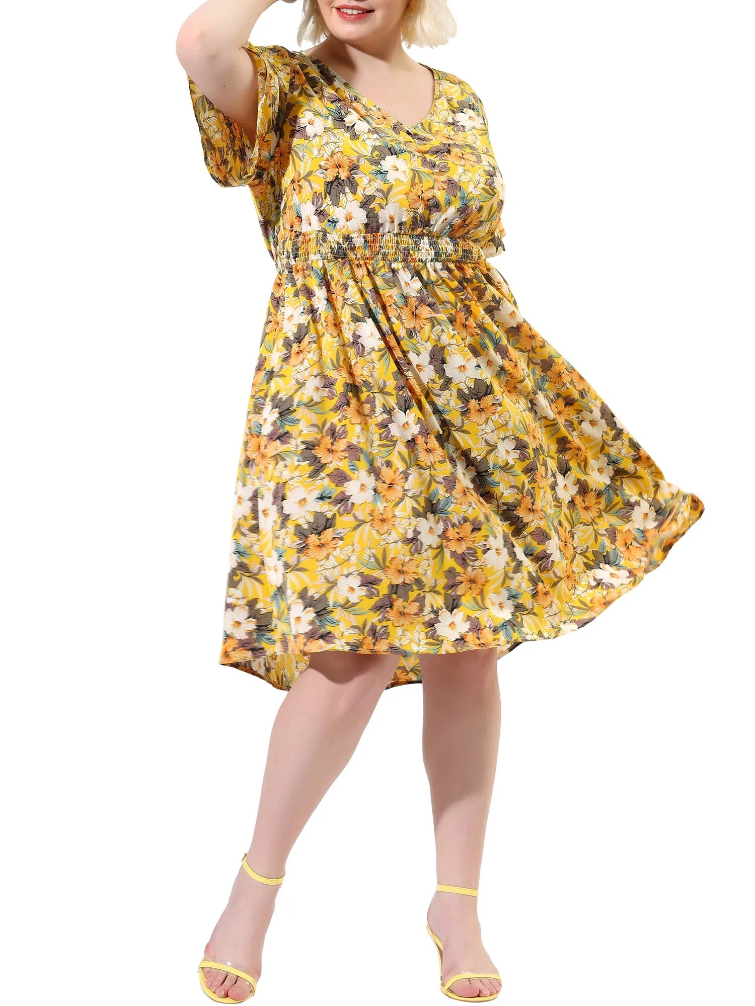 Juniors' Plus  Neck Floral Print Flare Sleeve Casual Midi Dress Yellow 3X