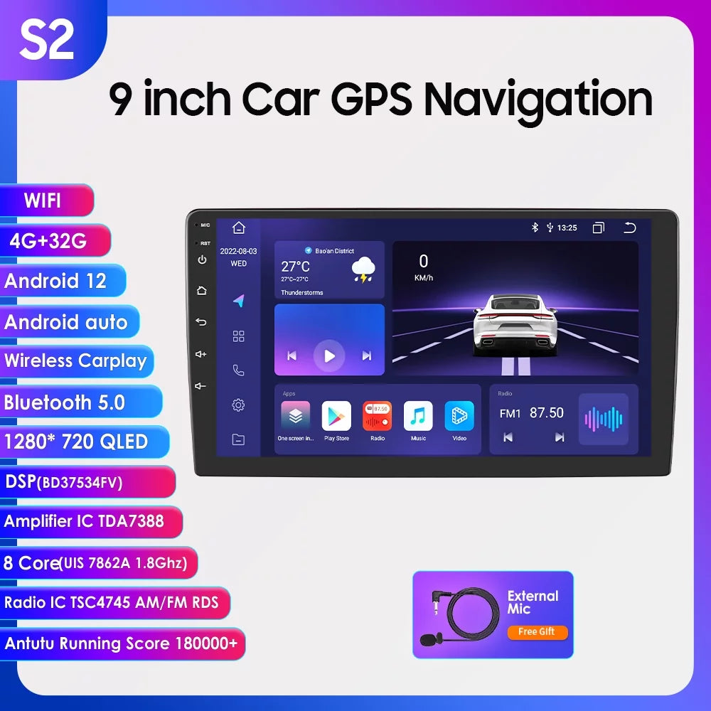 2S Series 9" 4+32GB Touchscreen Android 12 Octa Core  1280*720 Car Gps Navigation Stereo Carplay