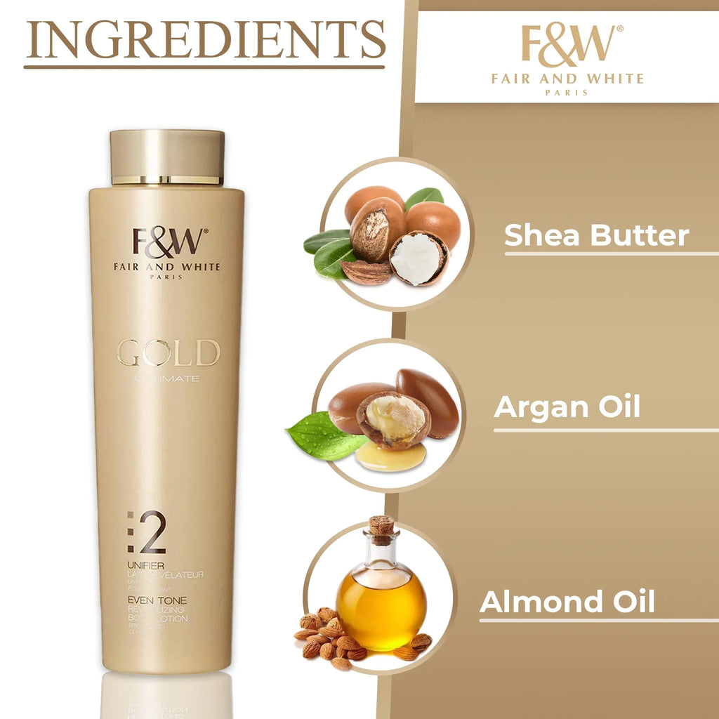 Fair & White 2: Gold Revitalizing Body Lotion - 500ml/17.6 fl oz - For Uneven Skin Tone, Ideal for All Skin Types