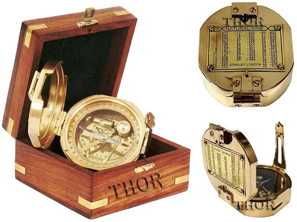 Thor Instruments Brass Natural Sine Brunton Compass With Wood Box Magnetic Direction Hiking Maritime Nautical Gift