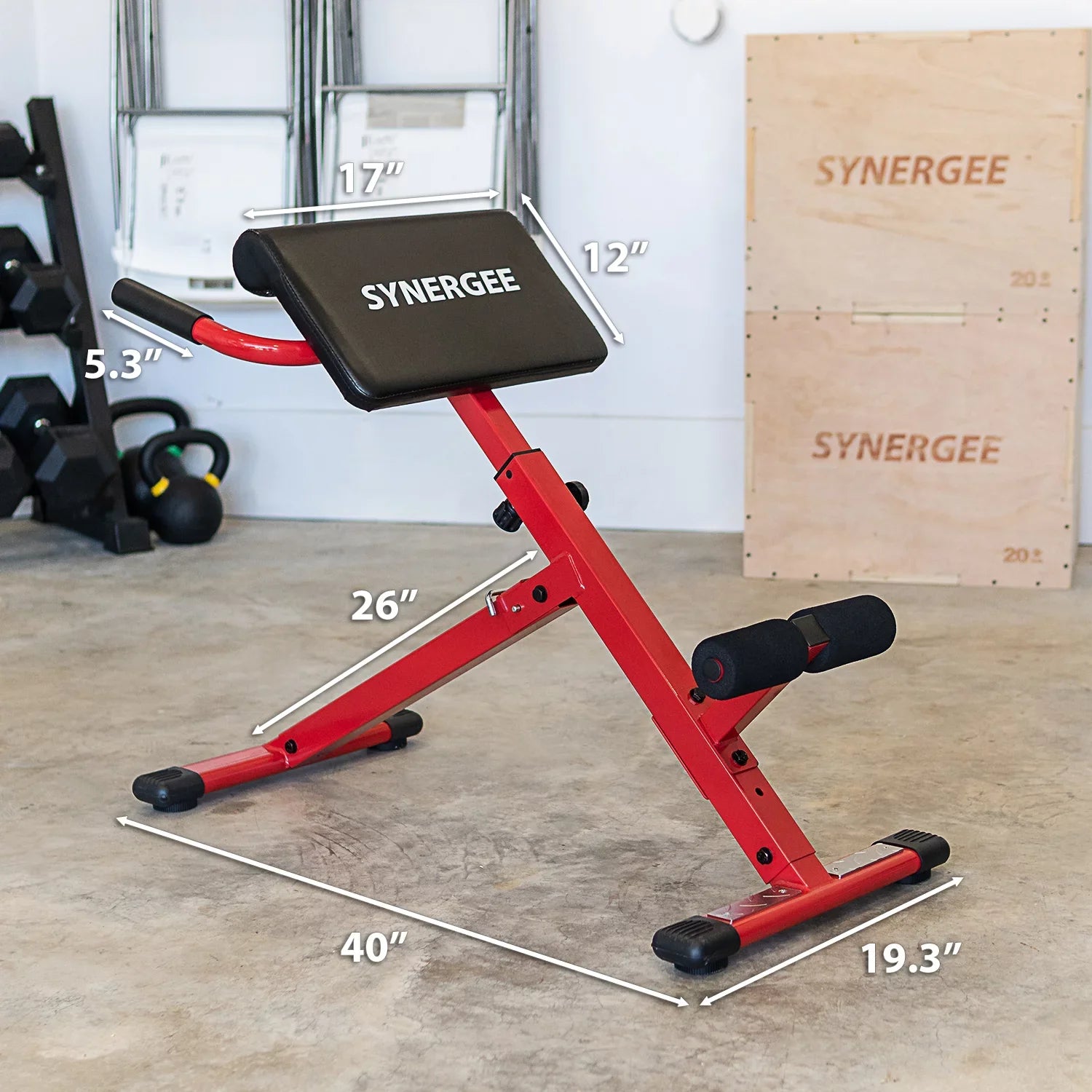 Synergee Roman Chair. Red Coated Steel Hyperextension Machine.  Ab Bench for Lower Back Workout, Hyper Exercises.