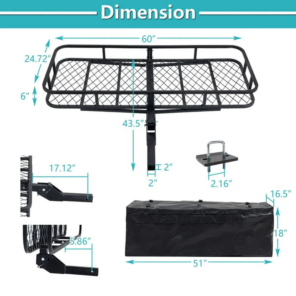 Teledu 60" x 24" x 6" Hitched Mounted Folding Cargo Basket with a 500 lb Capacity for Car  Truck Trailer, Black