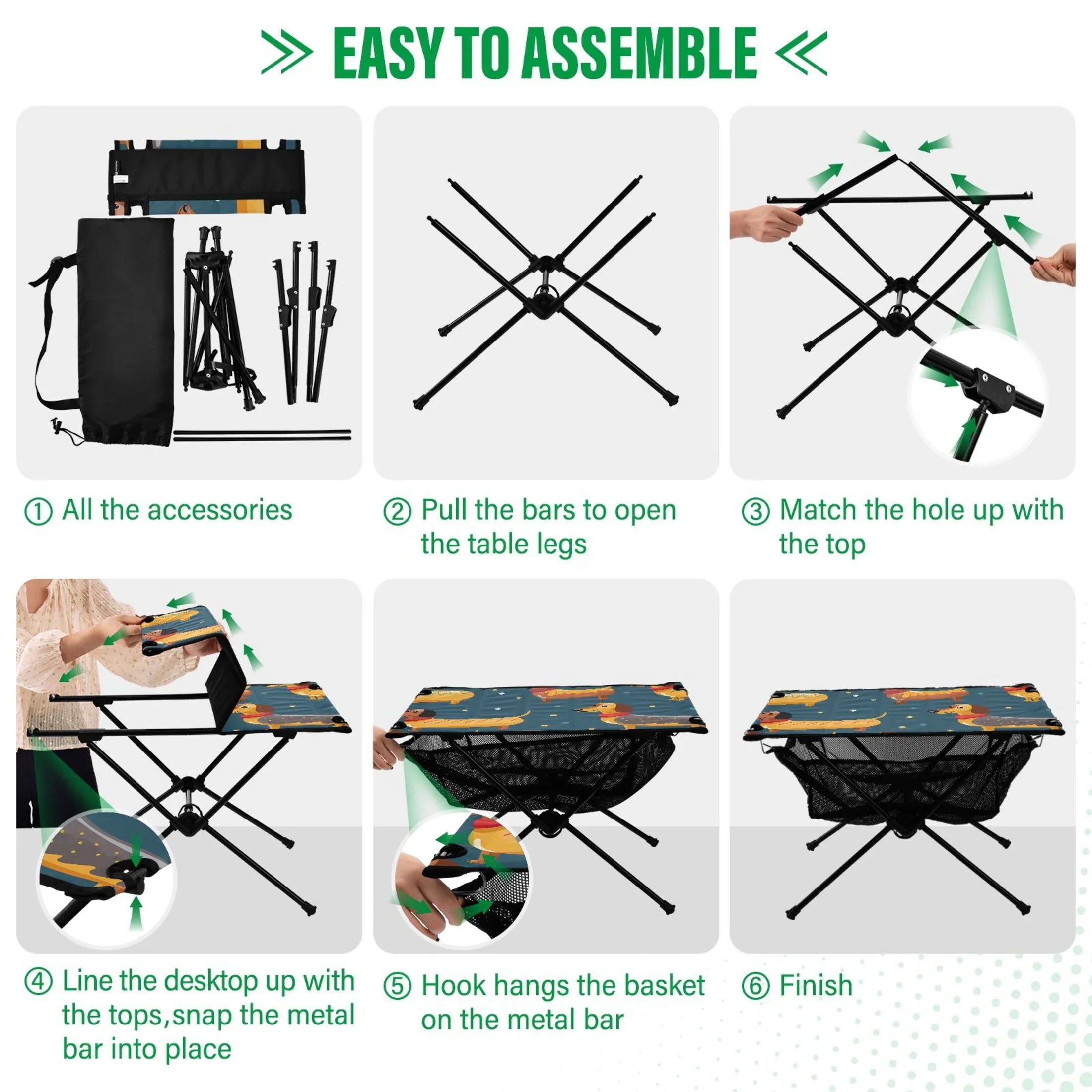Cartoon Dachshund Dogs Camping Folding Table Portable Beach Table with Storage Bag Compact Picnic Table for Outdoor Travel Fishing