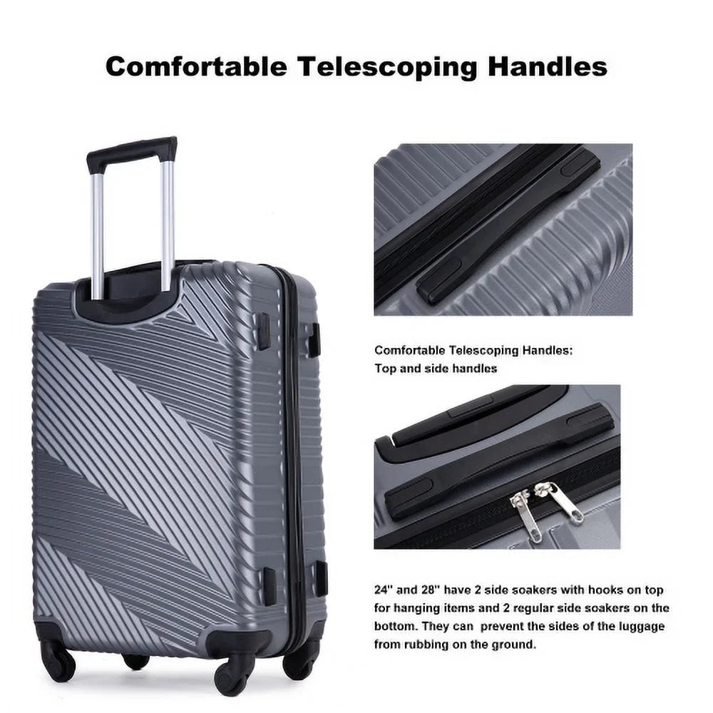 3 Piece Luggage Sets + Lightweight Suitcase with Two Hooks, Spinner Wheels, (20/24/28) Gray