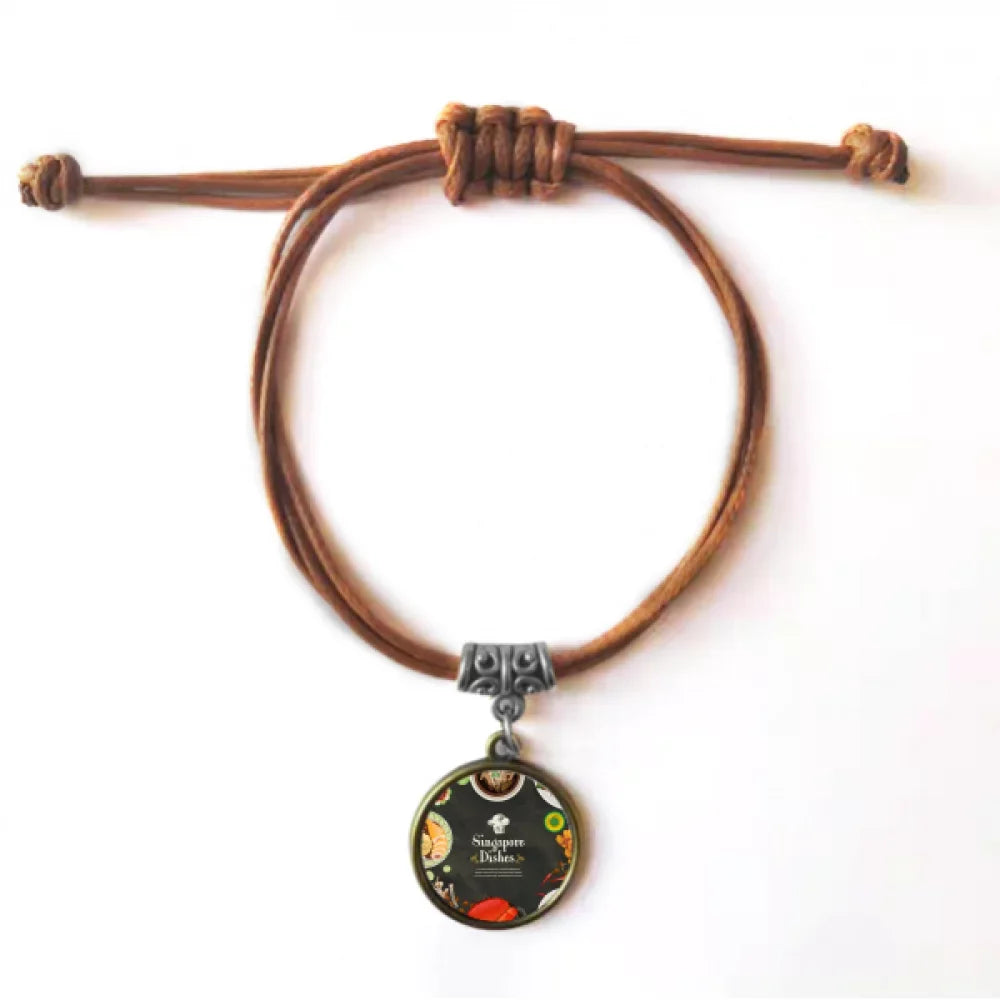 Singapore Famous Delicious Dishes Bracelet Leather Hide Rope Wristband Brown Jewelry