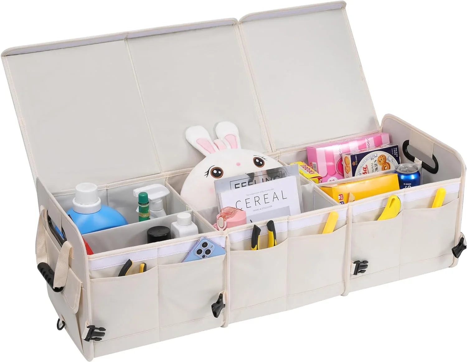 Glamor  Car Trunk Organizer with Lid Car Storage Organizer Collapsible Multi Compartment Adjustable Straps Car Organizer for , Truck, Sedan(Beige)