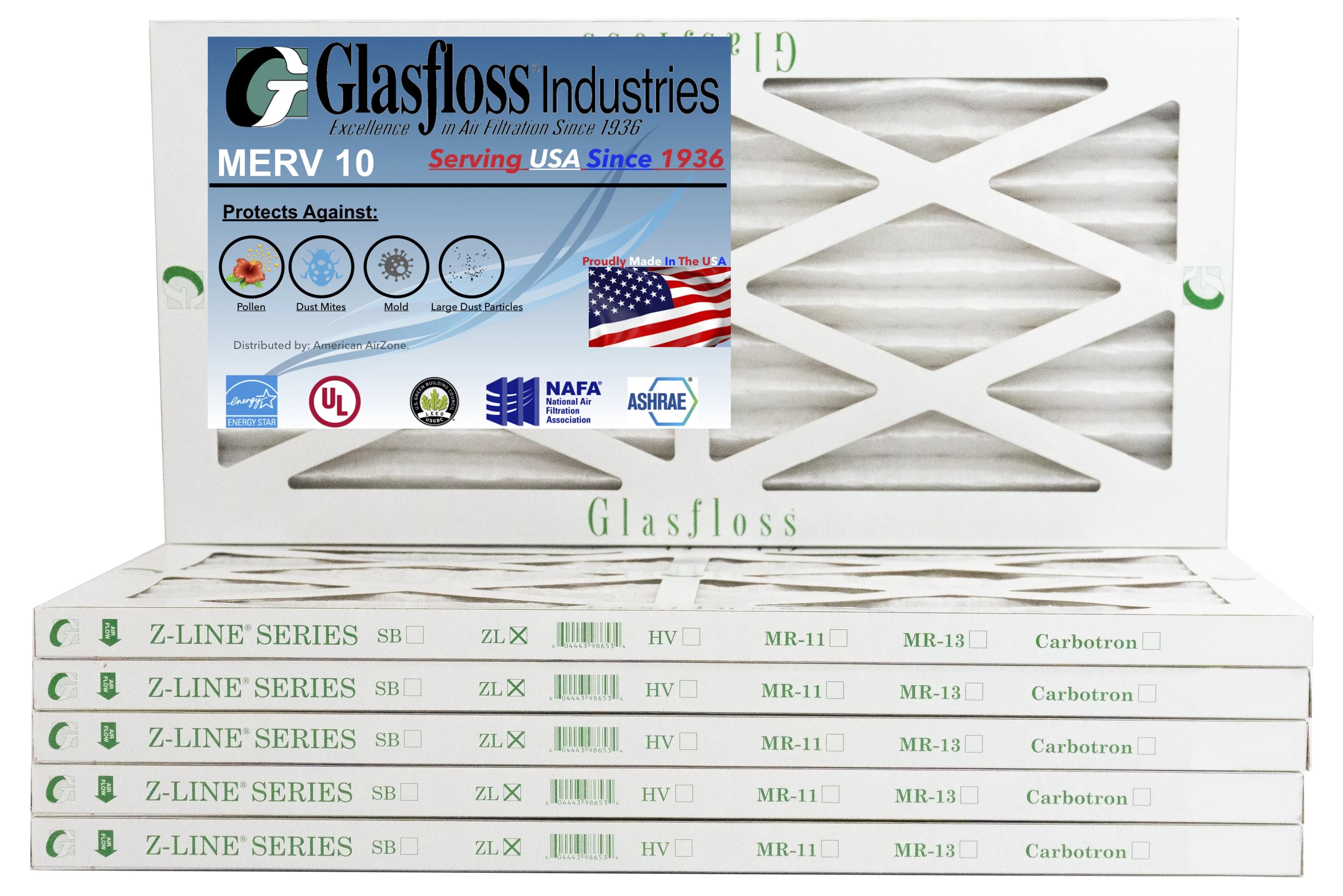 Glasfloss 8x20x1 -  10 -Qty:6 - Furnace Air Filter - Made in  (Actual Size: 7.5 x 19.5x7/8 inch)