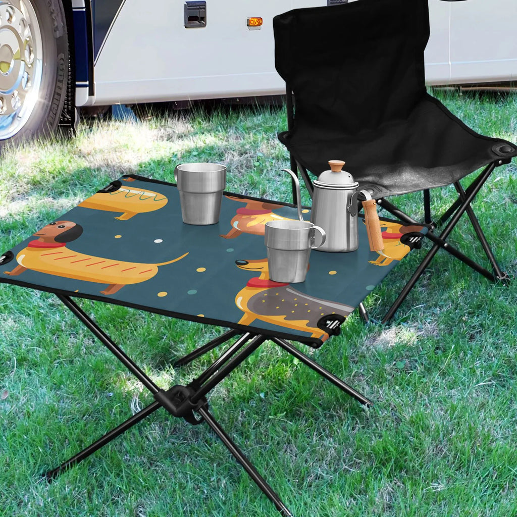 Cartoon Dachshund Dogs Camping Folding Table Portable Beach Table with Storage Bag Compact Picnic Table for Outdoor Travel Fishing