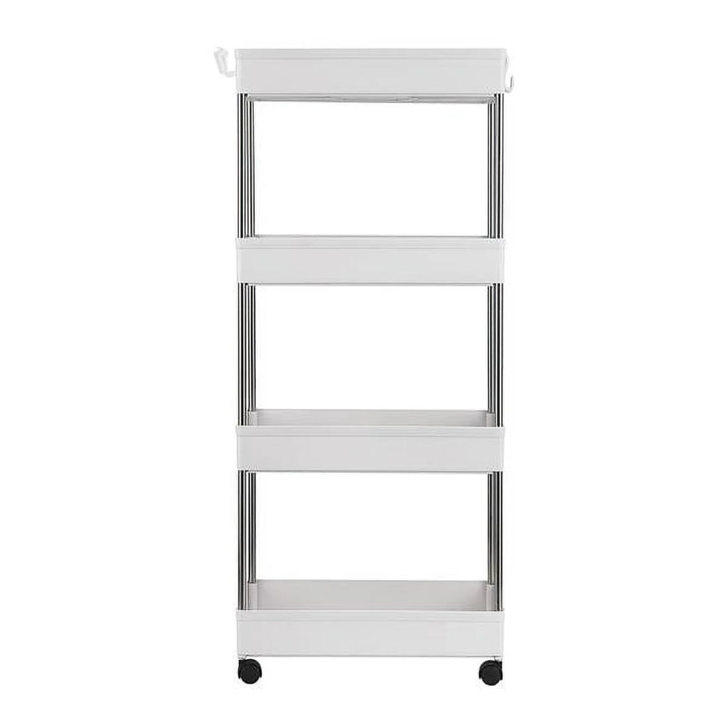 4-Tier Rolling Storage Cart with 4 hooks, Utility Cart with Wheels, for Kitchen, Bathroom, Laundry Room, Plastic and Stainless Steel, White