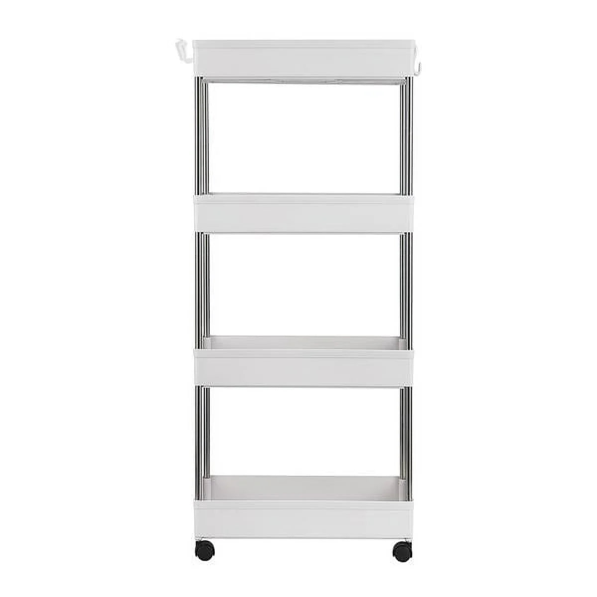 4-Tier Rolling Storage Cart with 4 hooks, Utility Cart with Wheels, for Kitchen, Bathroom, Laundry Room, Plastic and Stainless Steel, White