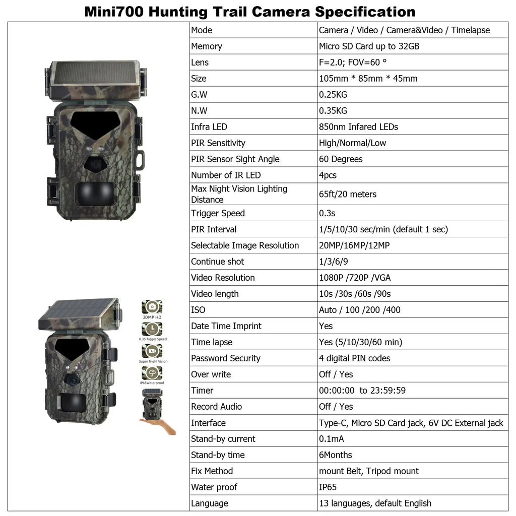 Trail Camera Solar Powered 20MP 1080P Game Camera 0.3s Trigger Time Hunting Cam with Night Vision Motion Activated  Waterproof Loop Recording for Wildlife