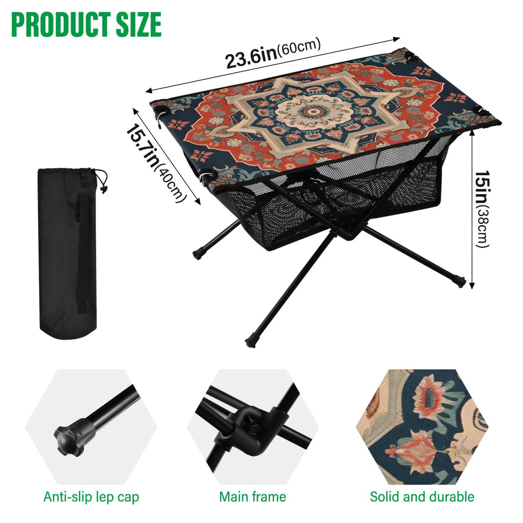 Indian Mandala Pattern Camping Folding Table Portable Beach Table with Storage Bag Compact Picnic Table for Outdoor Travel Fishing
