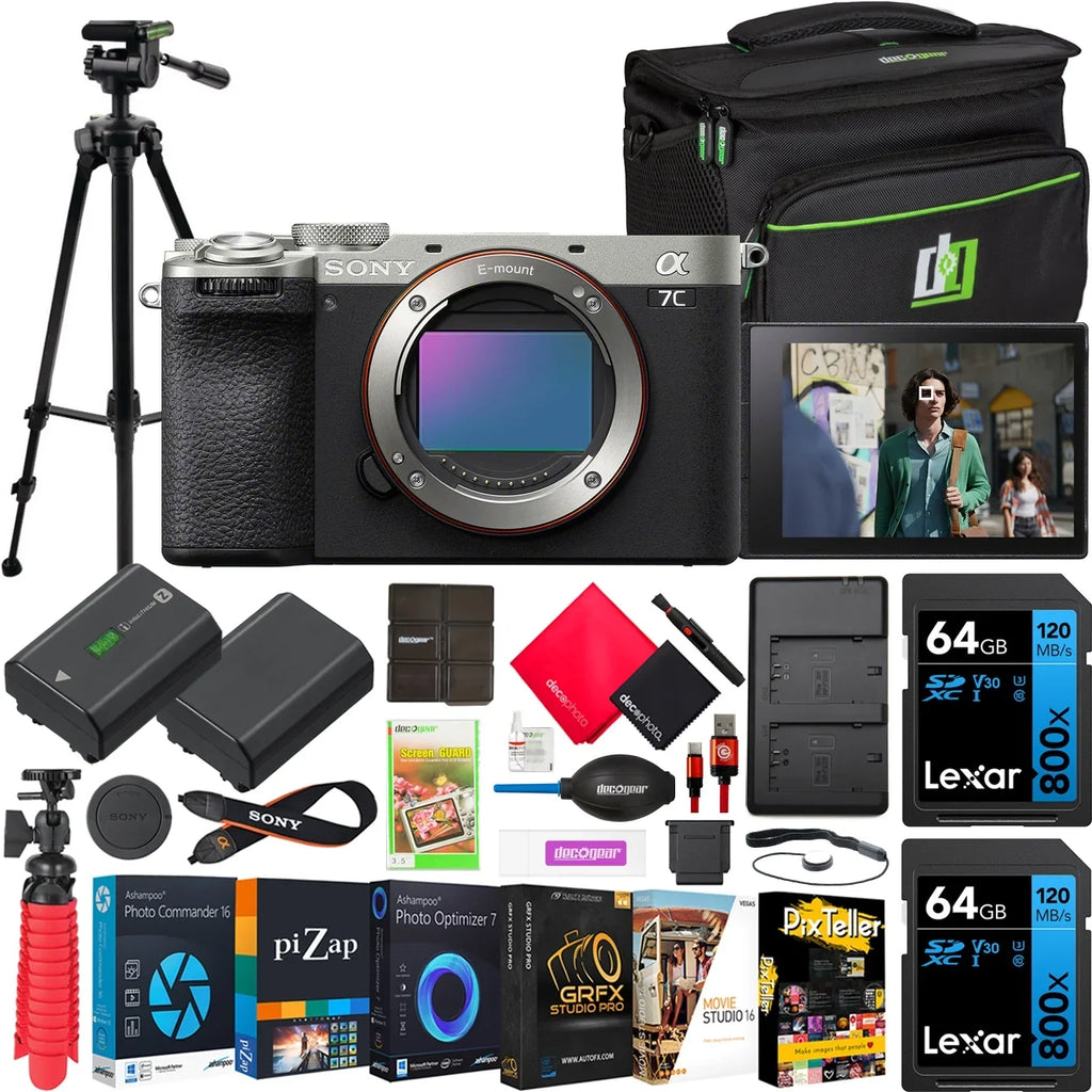 Sony a7C  Full Frame Mirrorless Interchangeable Lens Camera Body Silver -7CM2/ Bundle with Deco Gear Photography Bag Case + Extra Battery + Dual Charger + Tripod + Software Kit & Accessories