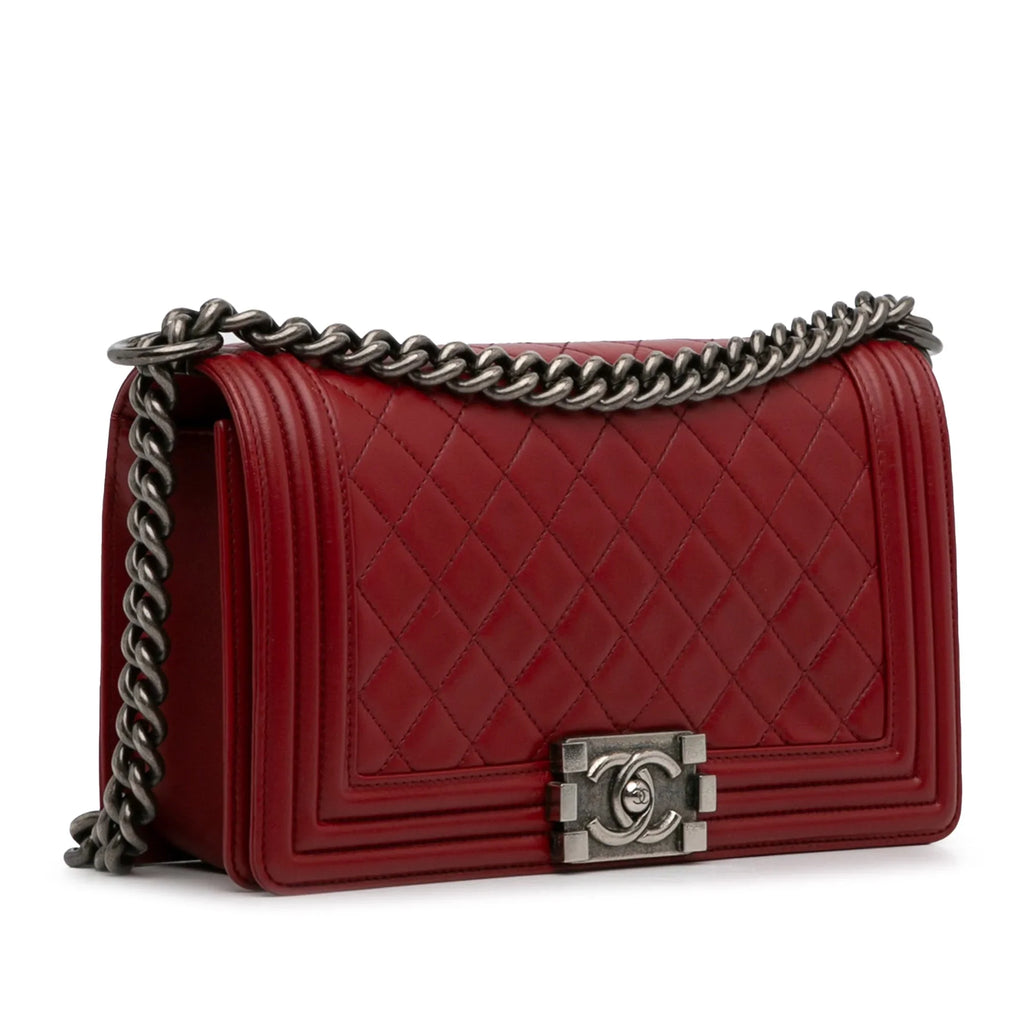 Pre-Owned Authenticated Chanel Medium Lambskin Boy Flap Bag Leather Red Crossbody Bag Unisex (Good)