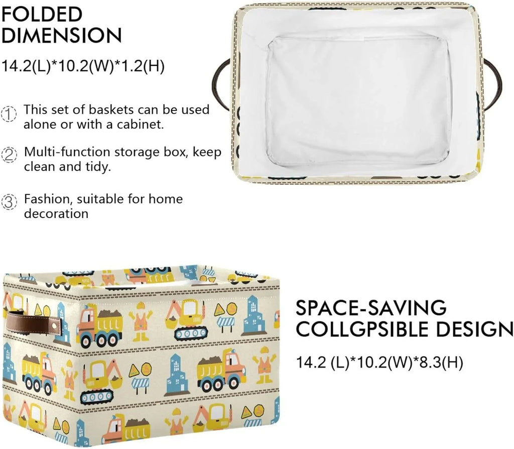 Coolnut Cartoon Construction Truck Storage Basket, Durable Canvas Organizer With Handles Large Collapsible Storage Bins Boxes for Home Office - 2 Pack