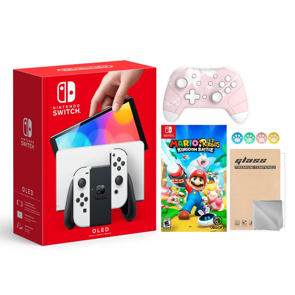 2021 New Nintendo Switch  Model White Joy Con 64GB Console Improved  Screen & -Port Dock with Mario Rabbids Kingdom Battle And Mytrix Wireless Controller and Accessories