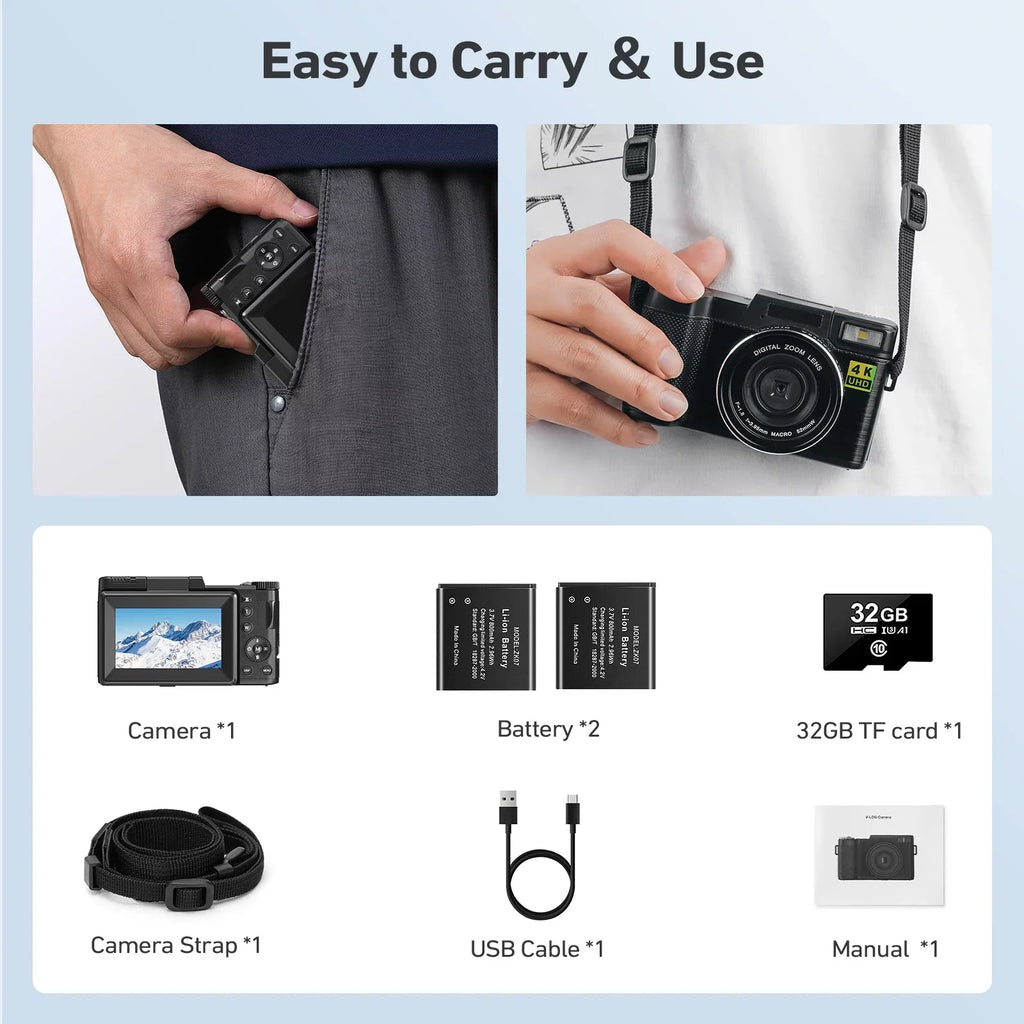 Digital Camera 4K Vlogging Camera for YouTube 48MP 16X Digital Zoom with Macro Function & Liftable Flash, Photography Camera 3’’ 180°Flip Screen
