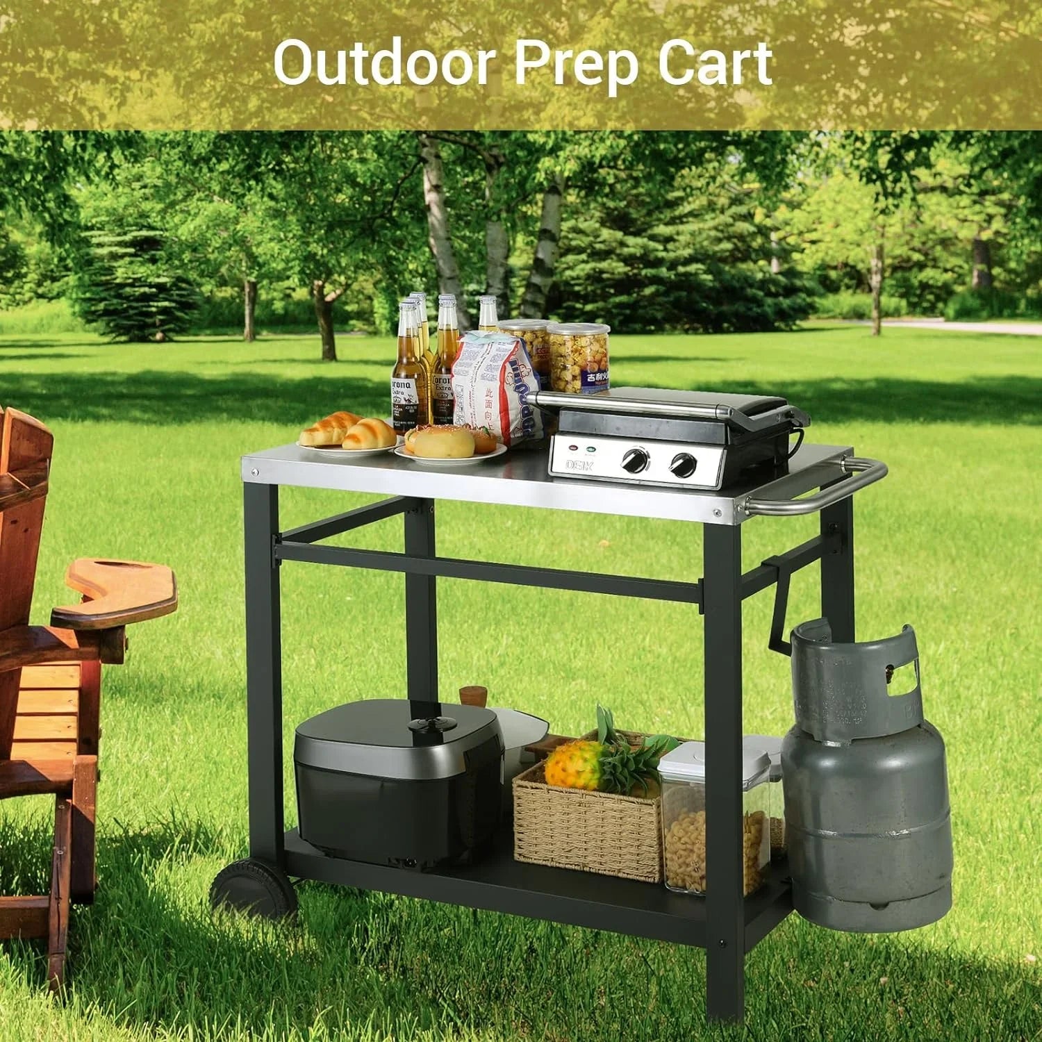 Double-Shelf Movable Dining Cart, Stainless Steel Worktable on 2 Wheels, Kitchen Food Prep Work Table, Outdoor Dining Room Bar Cart, Pizza Oven Table w/Hooks, Handle, .5 x .7 x .8