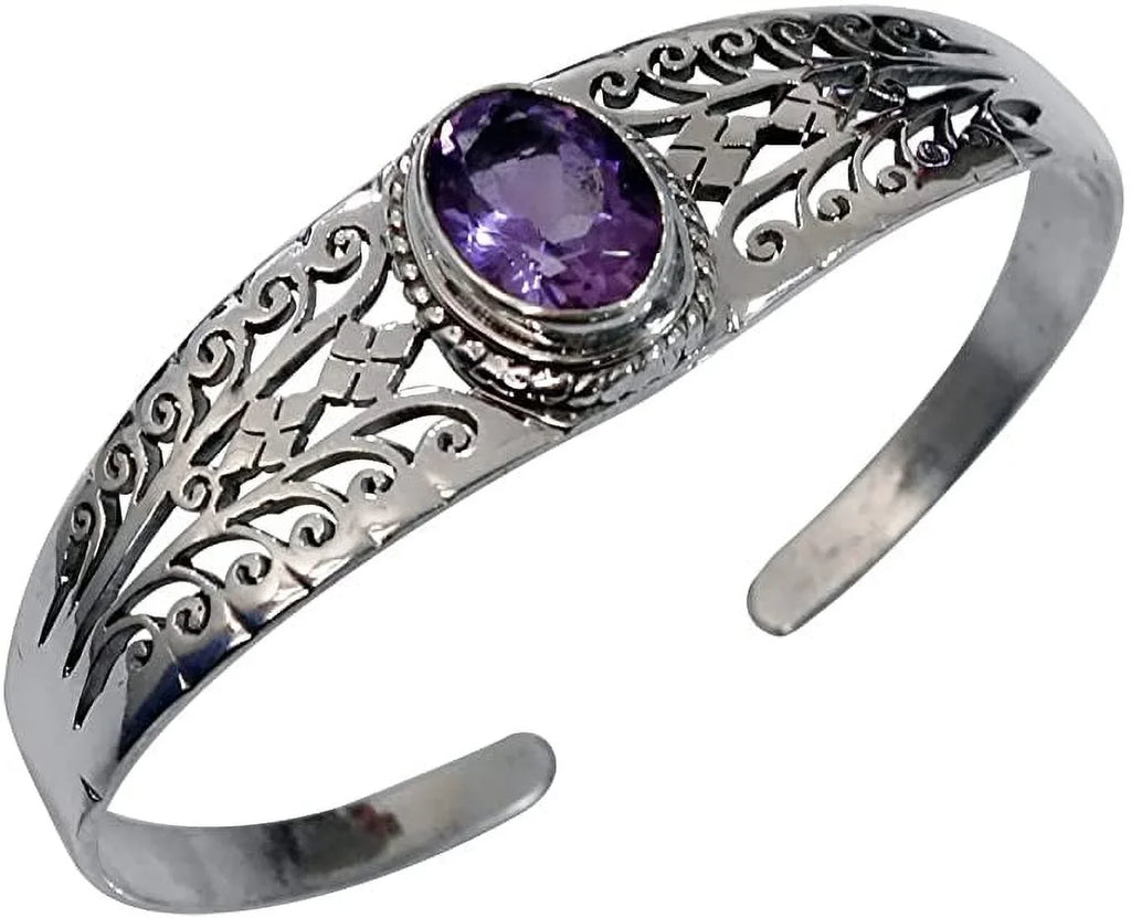 Genuine Purple Amethyst Gemstone Handmade Cuff Bracelet for Men Women, Genuine 925 Sterling Silver Fashion Bracelets, Adjustable Designer Jewelry for Gifts