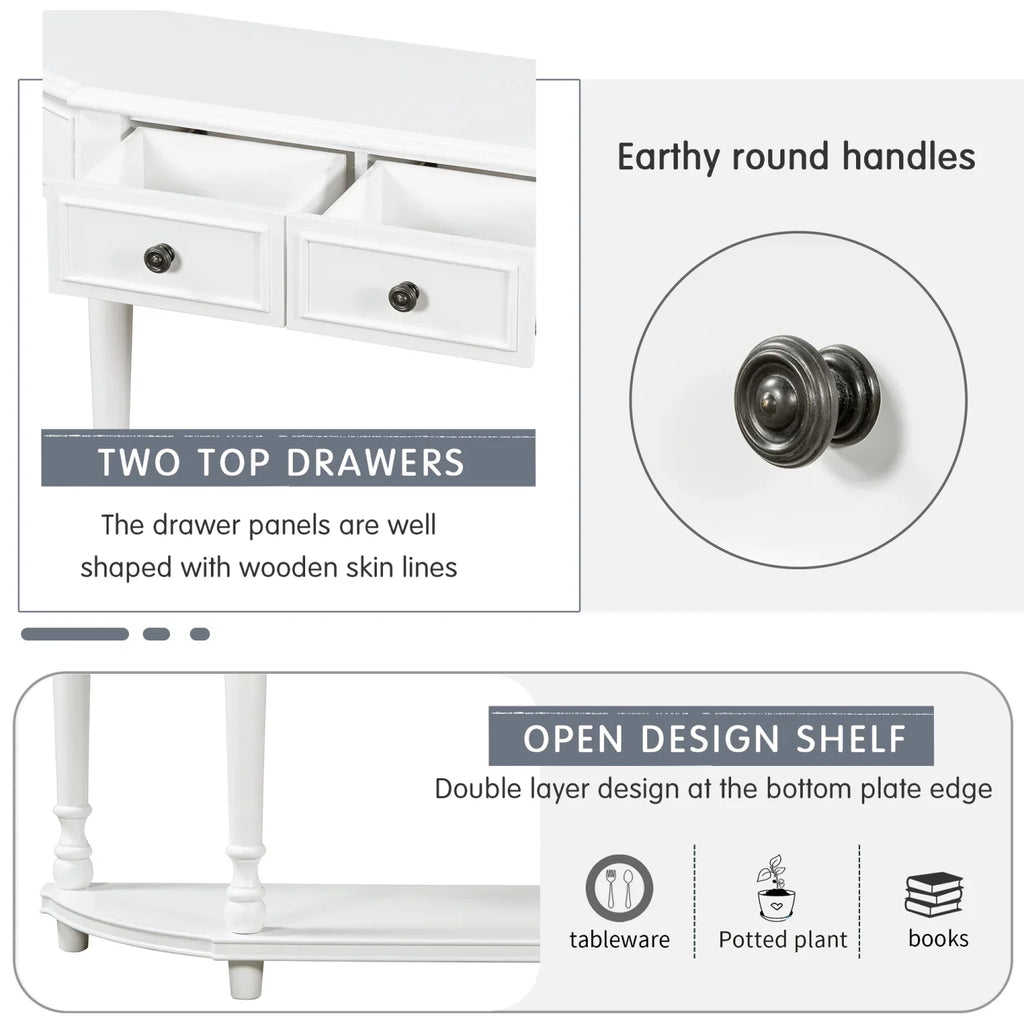 Retro Circular Curved Design Console Table with Open Style Shelf Solid Wooden Frame and Legs Two Top Drawers (White     )