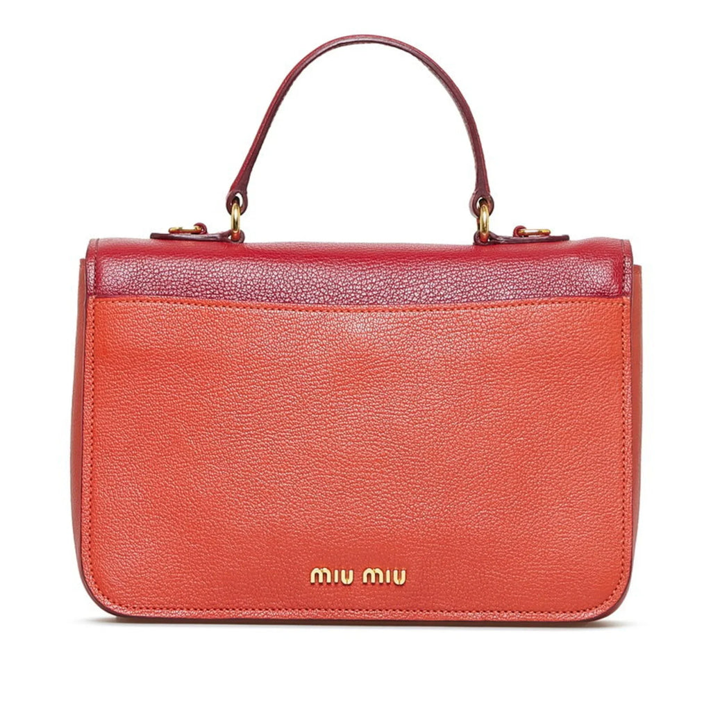 Pre-Owned Miu Miu Miu Madras Bicolor Handbag Shoulder Bag  Orange Red Leather Ladies  (Good)