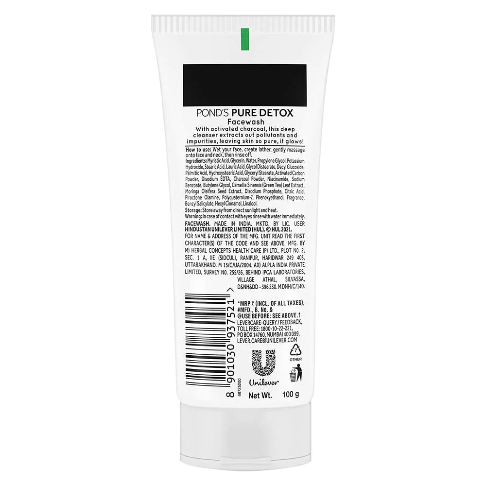 ' Pure Detox Face Wash 100 g, Daily Exfoliating & Brightening Cleanser, Deep Cleans Oily Skin - With Activated Charcoal for Fresh, Glowing Skin